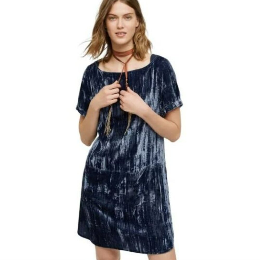 Anthropologie | Floreat Crushed Blue Velvet Shift Dress | Large